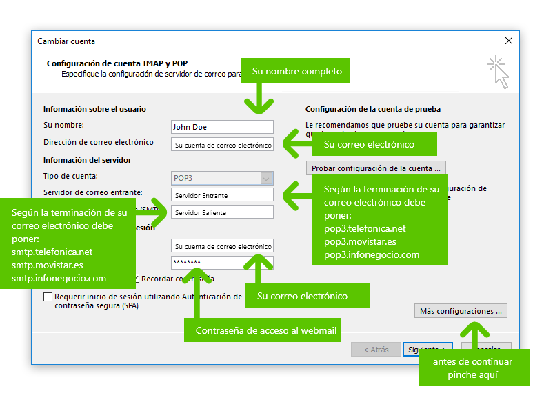 Imagen en la que se indica el tercer paso para configurar una cuenta POP