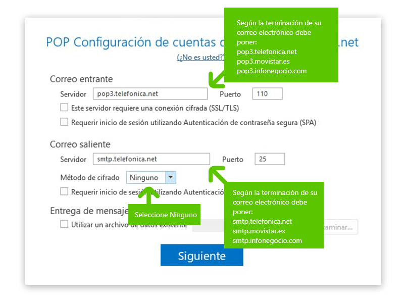 Imagen en la que se indica el tercer paso para configurar una cuenta POP