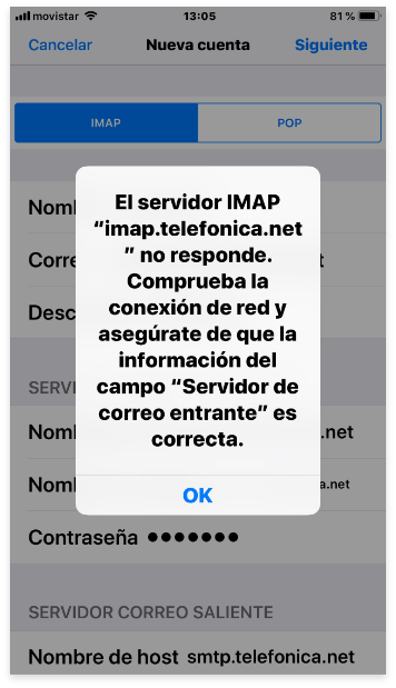 Imagen en la que se indica una parte del tercer paso para configurar una cuenta de correo IMAP