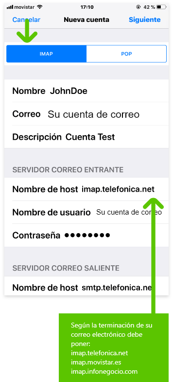 Imagen en la que se indica una parte del tercer paso para configurar una cuenta de correo IMAP