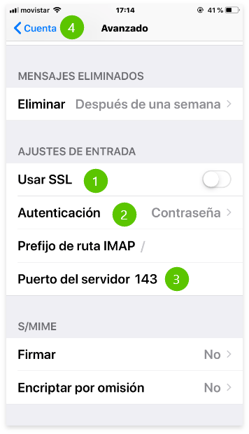 Imagen en la que se indica una parte del décimo paso para configurar una cuenta de correo IMAP