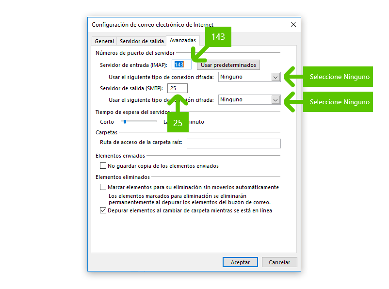 Imagen en la que se indica el quinto paso para configurar una cuenta IMAP