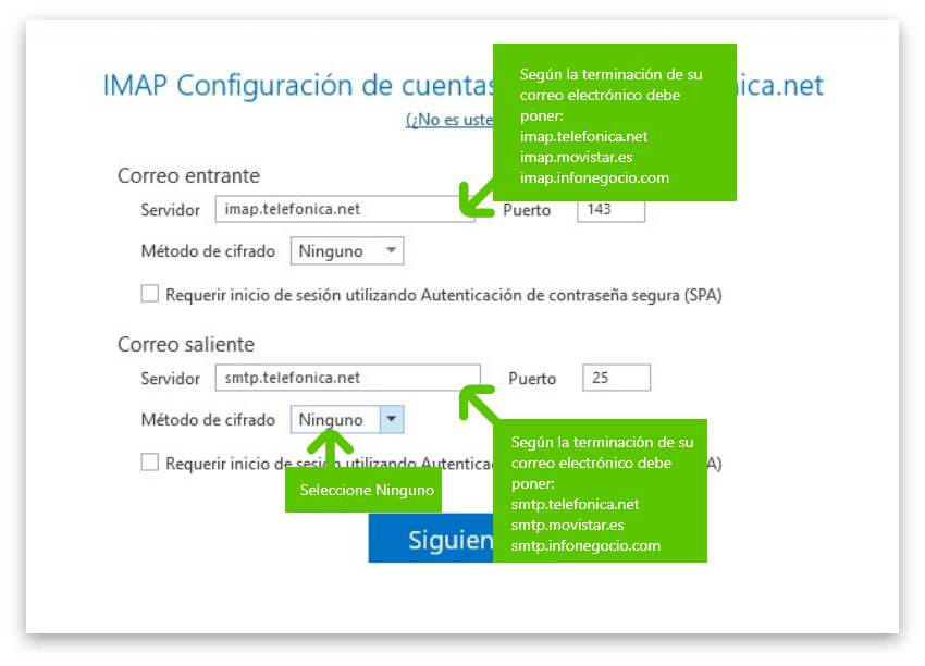 Imagen en la que se indica el tercer paso para configurar una cuenta IMAP