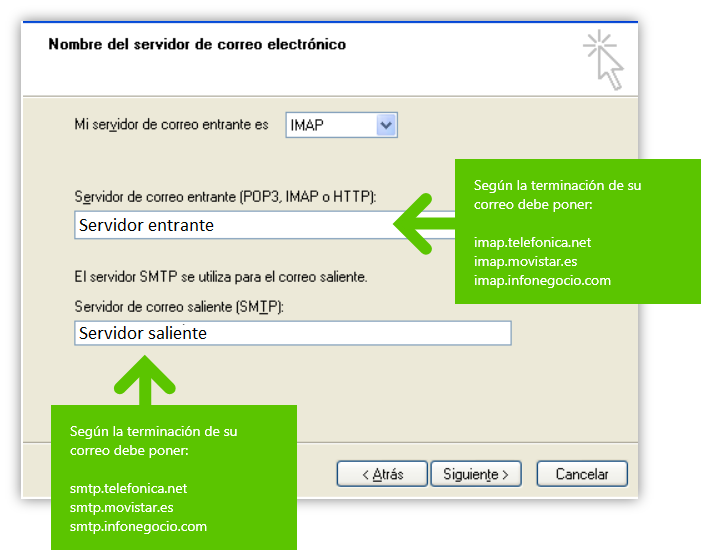 Imagen en la que se indica el paso 3 para configurar una cuenta IMAP para Outlook Express
