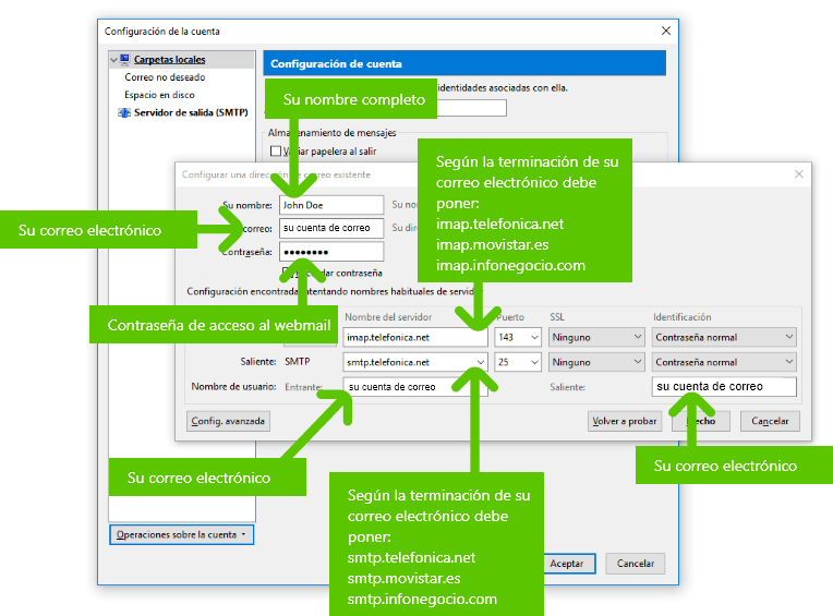 Imagen en la que se indica el tercer paso para configurar una cuenta IMAP