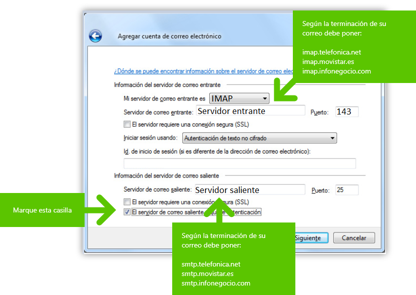 Imagen en la que se indica el paso 2 para configurar una cuenta IMAP para Windows Live Mail