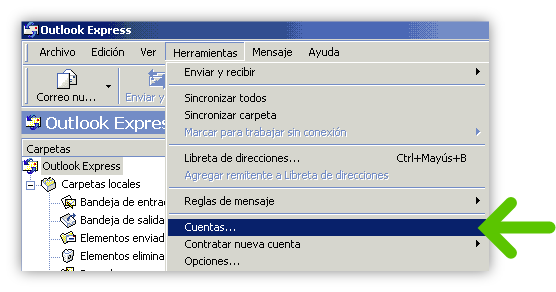 Imagen en la que se indica el paso 1 para configurar una cuenta POP para Outlook Express
