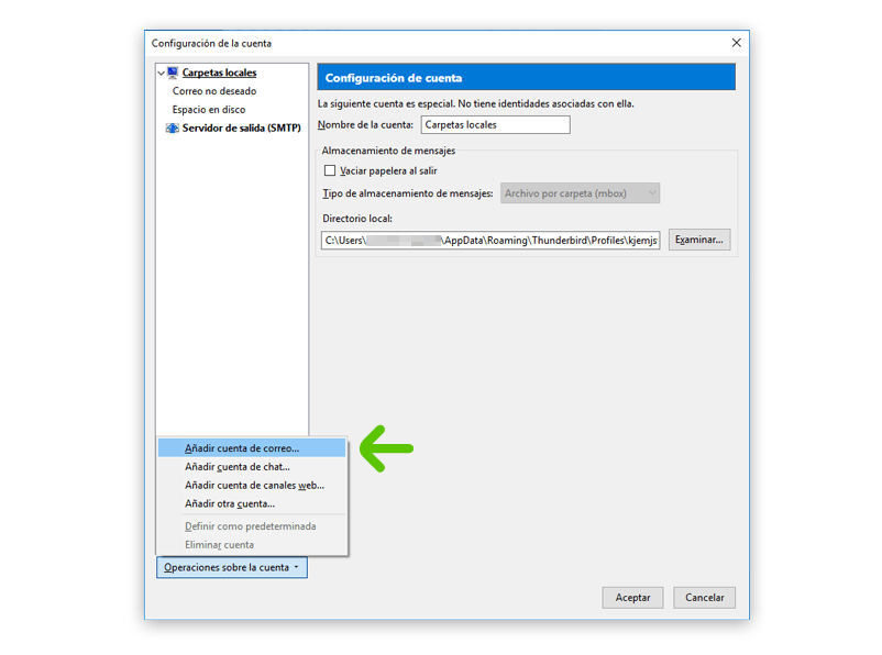Imagen en la que se indica el segundo paso para configurar una cuenta IMAP