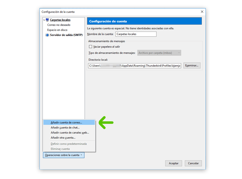 Imagen en la que se indica el segundo paso para configurar una cuenta POP