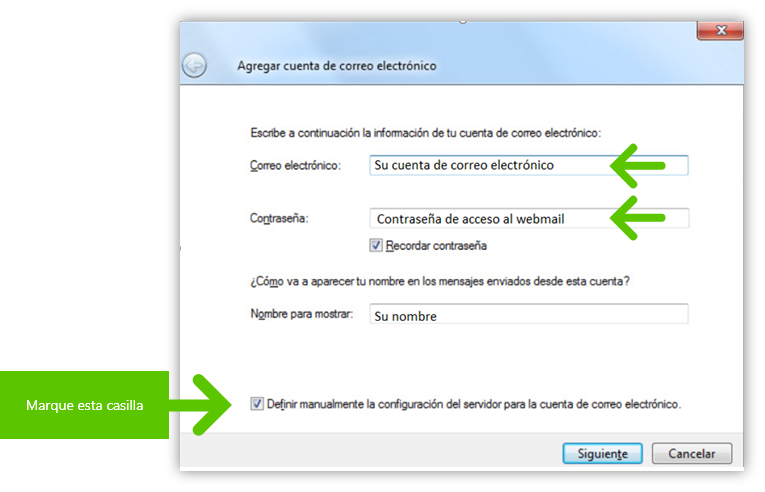 Imagen en la que se indica el paso 1 para configurar una cuenta POP para Windows Live Mail