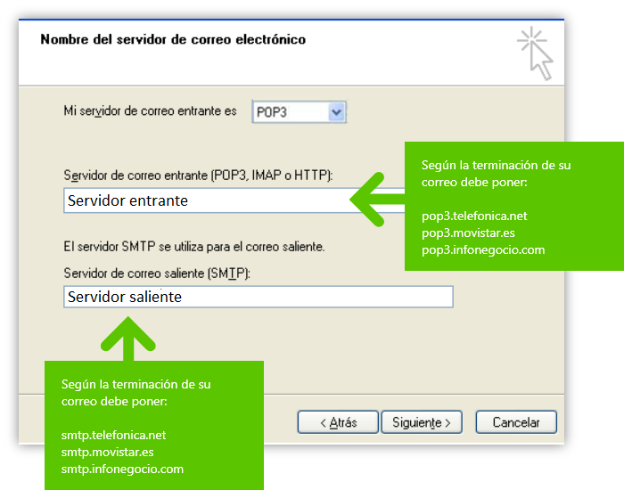 Imagen en la que se indica el paso 3 para configurar una cuenta POP para Outlook Express