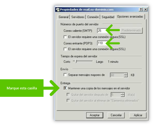 Imagen en la que se indica el paso 8 para configurar una cuenta POP para Outlook Express
